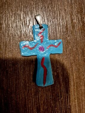 Handpainted Turquoise Cross Pendant with Red Accents